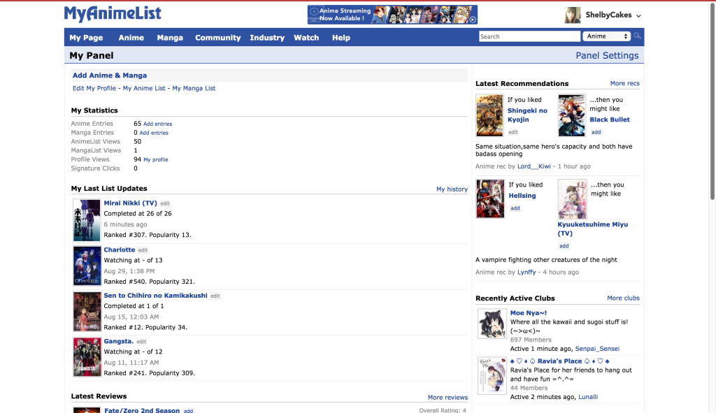 My Anime List home page.